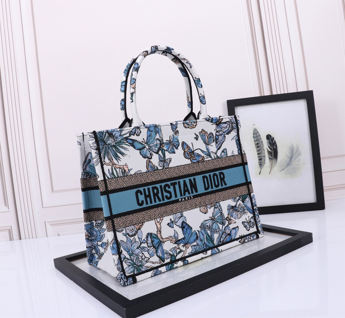 Christian Dior Medium Book Tote with Blue Butterfly Embroidery