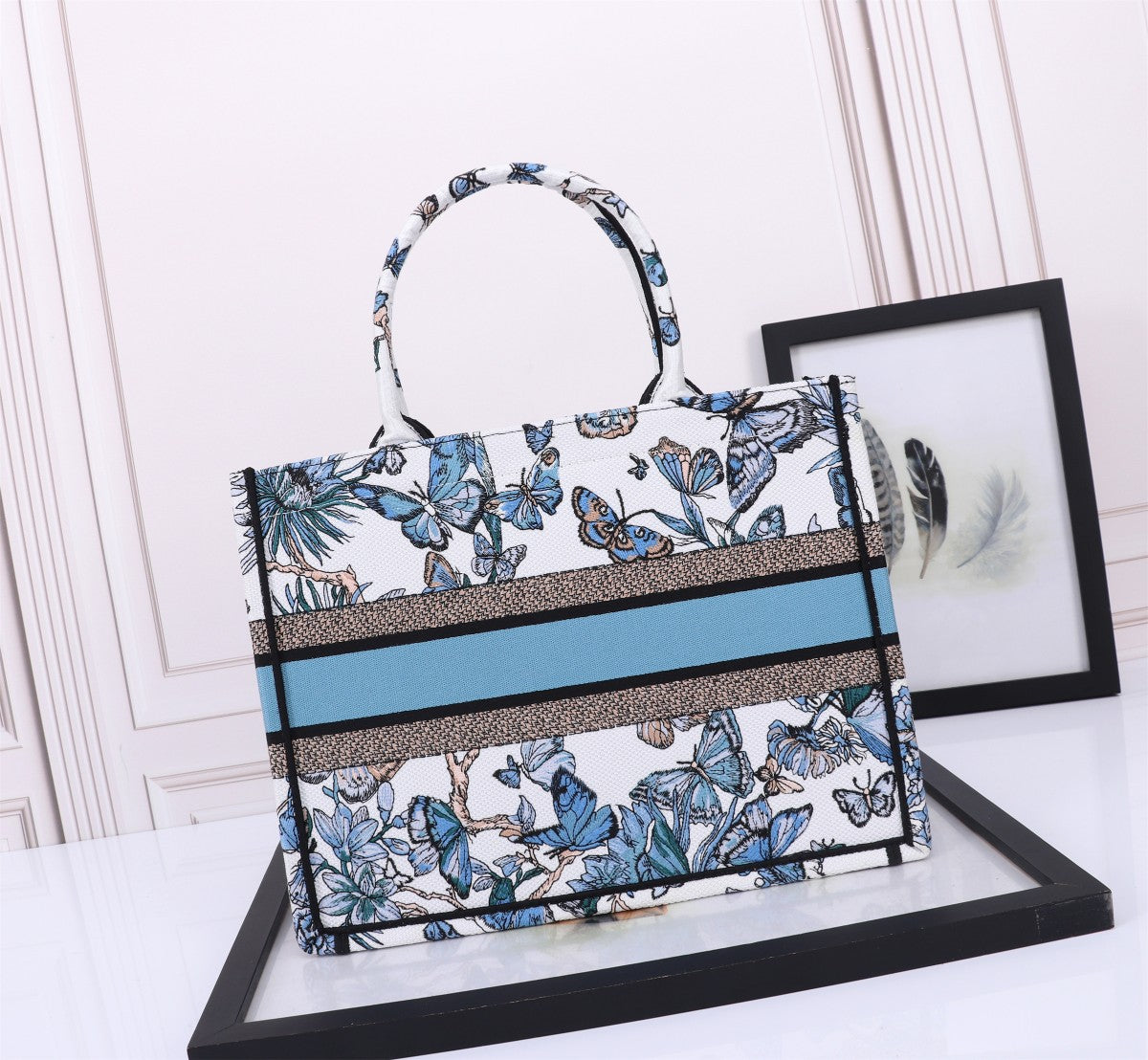 Dior Elegant Blue Butterfly Print Canvas Tote Bag with Top Handle