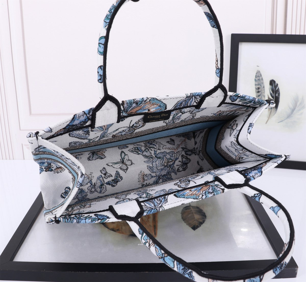 Dior Elegant Blue Butterfly Print Canvas Tote Bag with Top Handle