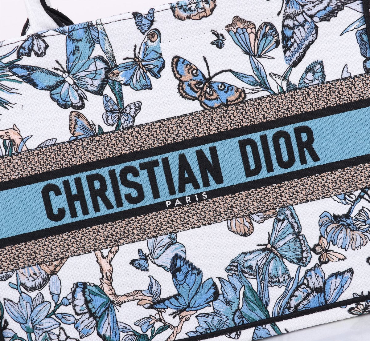 Dior Elegant Blue Butterfly Print Canvas Tote Bag with Handles