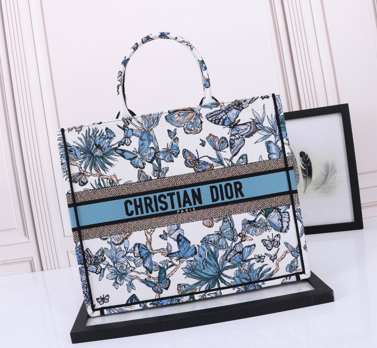 Dior Elegant Blue and White Butterfly Floral Canvas Tote Handbag