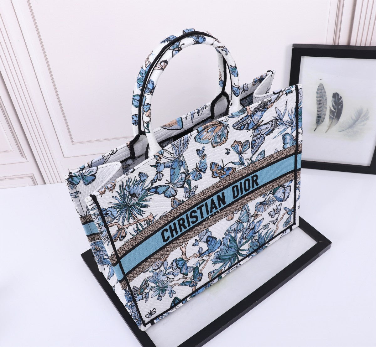 Dior Elegant Blue and White Butterfly Floral Canvas Tote Handbag