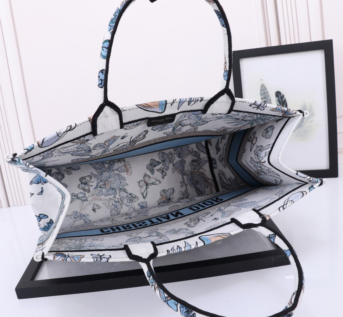 Dior Elegant Blue and White Butterfly Floral Canvas Tote Handbag