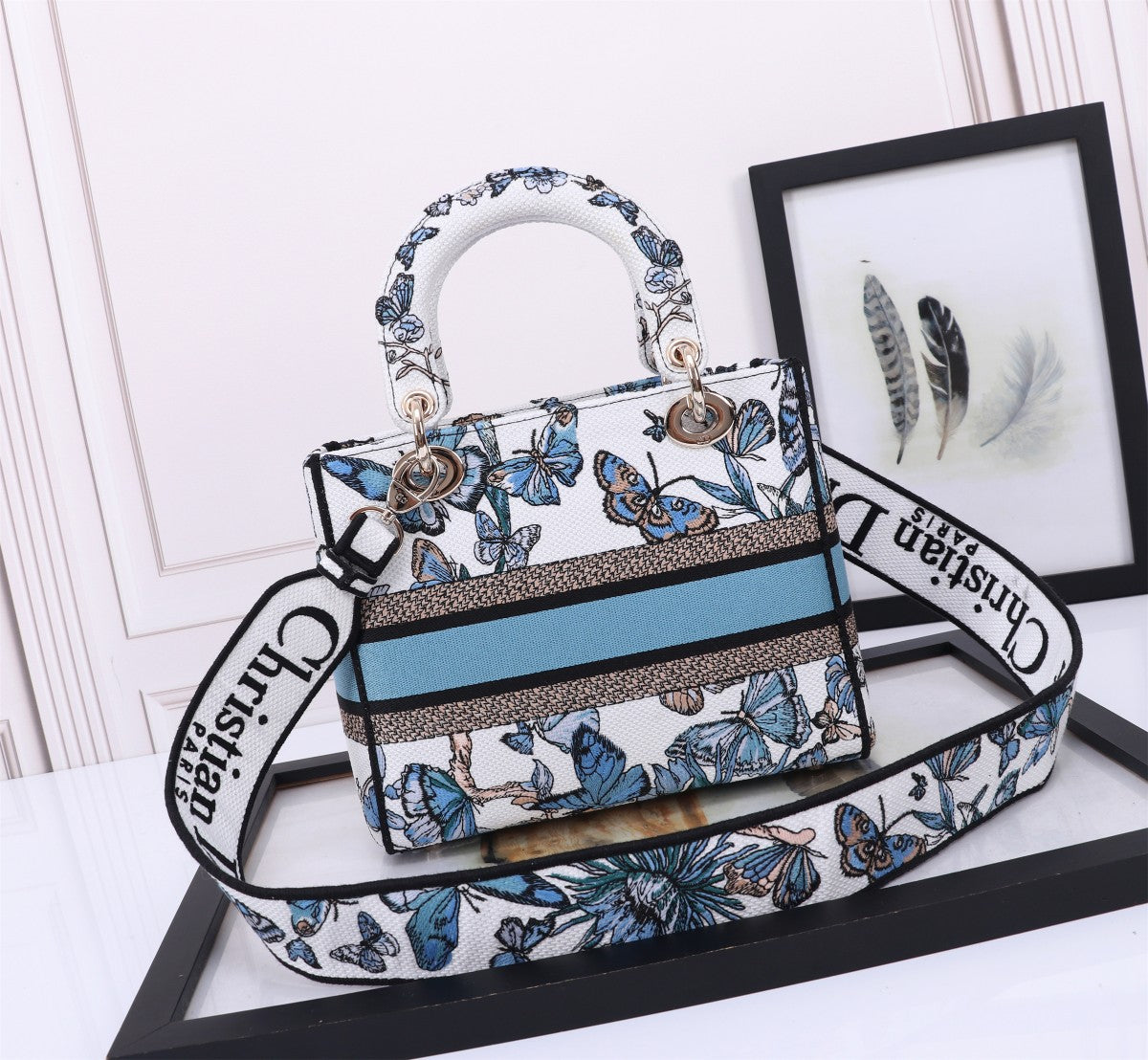 Dior Elegant Blue Butterfly Print Canvas Top Handle Handbag