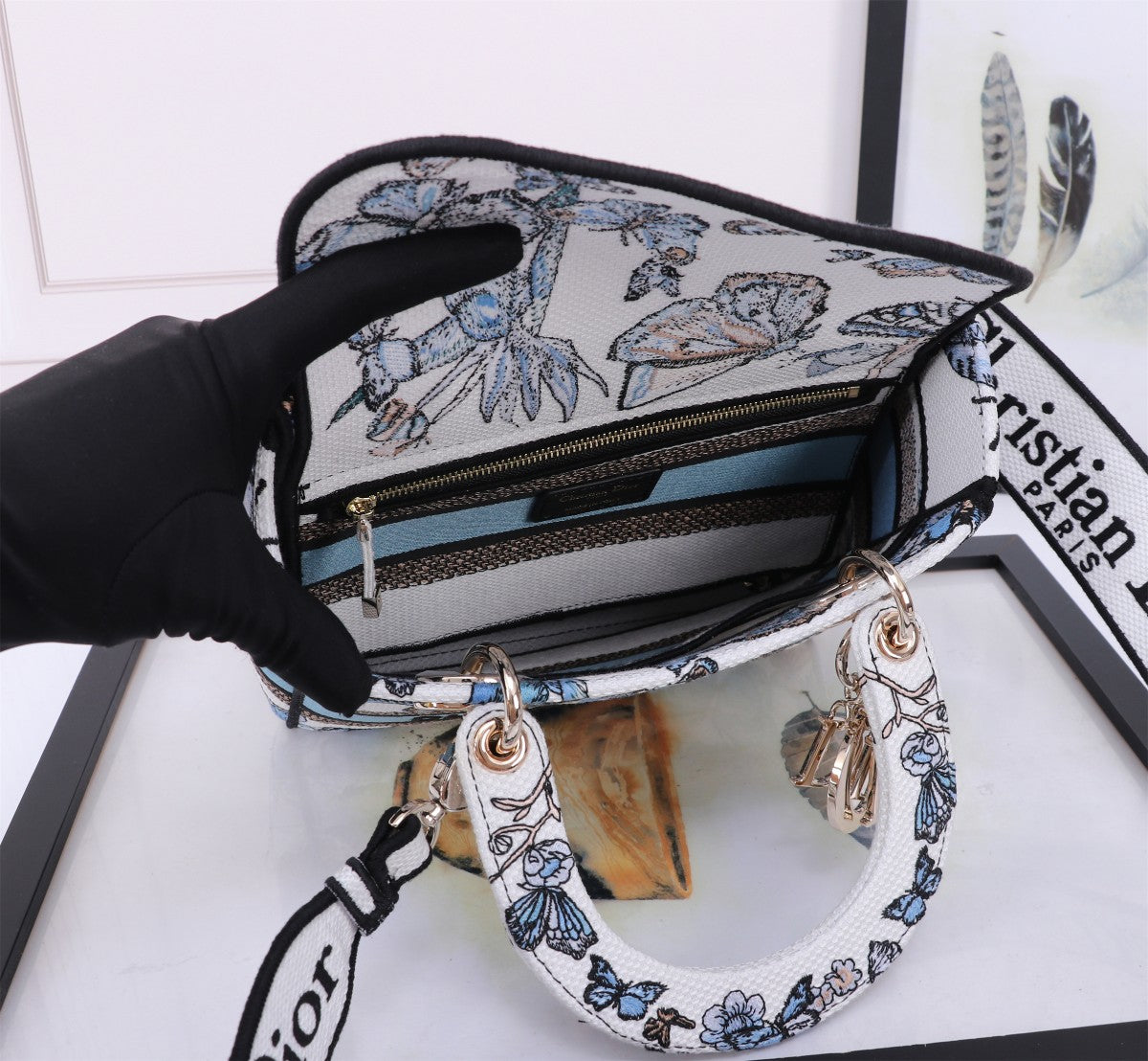Christian Dior Lady D-Lite Medium Bag - White and Blue Butterfly Motif