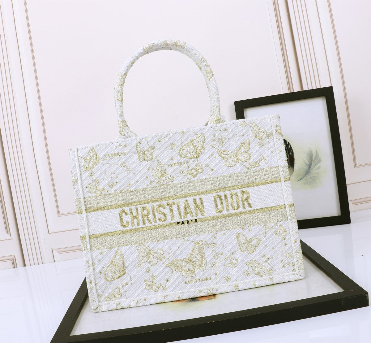 Christian Dior Medium Book Tote - White and Gold Butterfly Around the World Embroidery