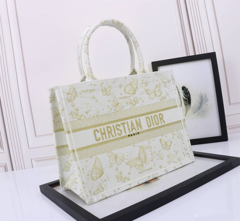 Dior Elegant Butterfly Print Canvas Tote Bag with Top Handles