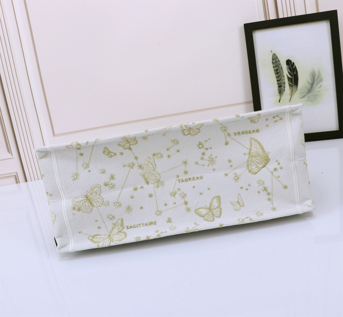 Dior Elegant Butterfly Embroidered Canvas Tote Bag with Top Handles