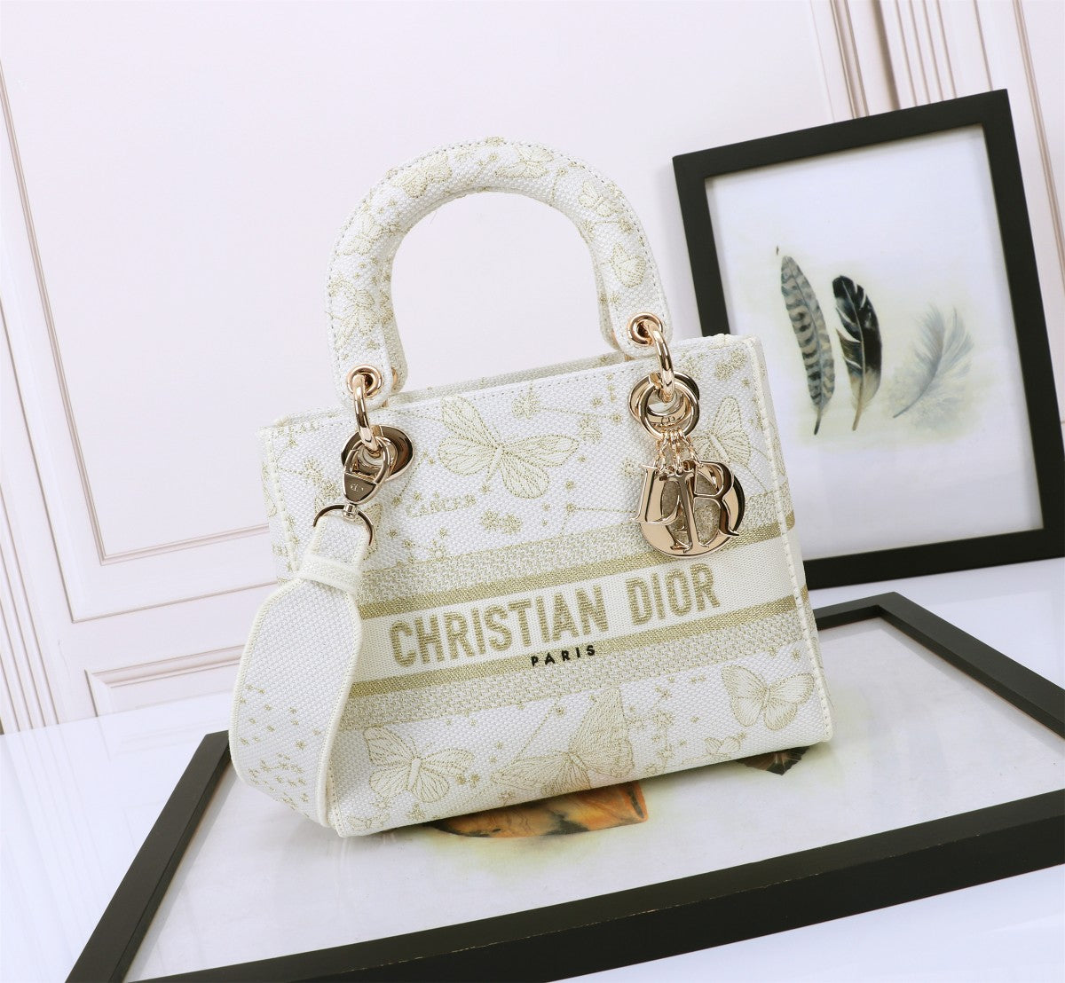 Dior White and Gold Embroidered Canvas Top Handle Handbag with Strap