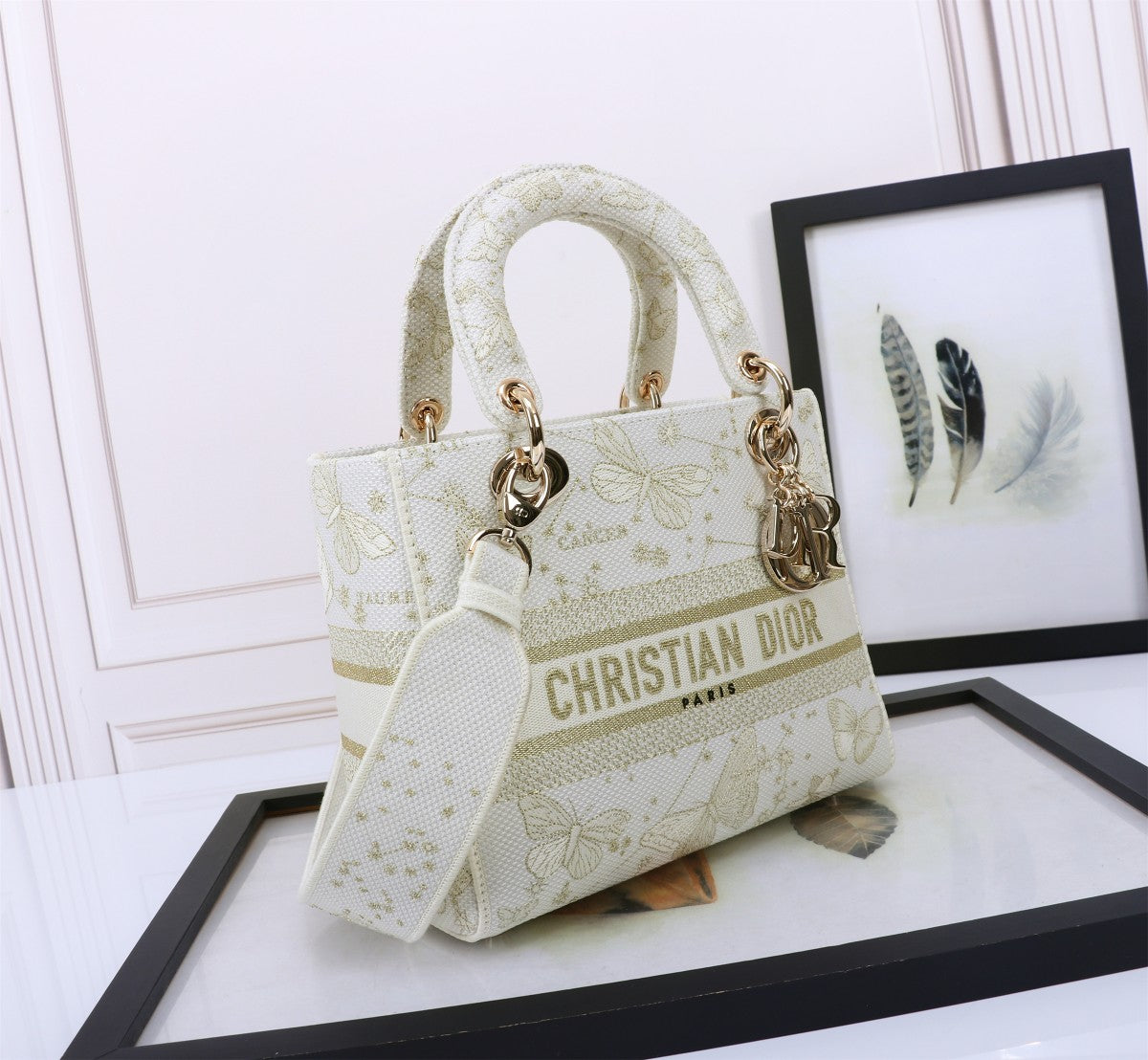 Lady Dior Style Embroidered Handbag - White with Gold Butterfly Pattern