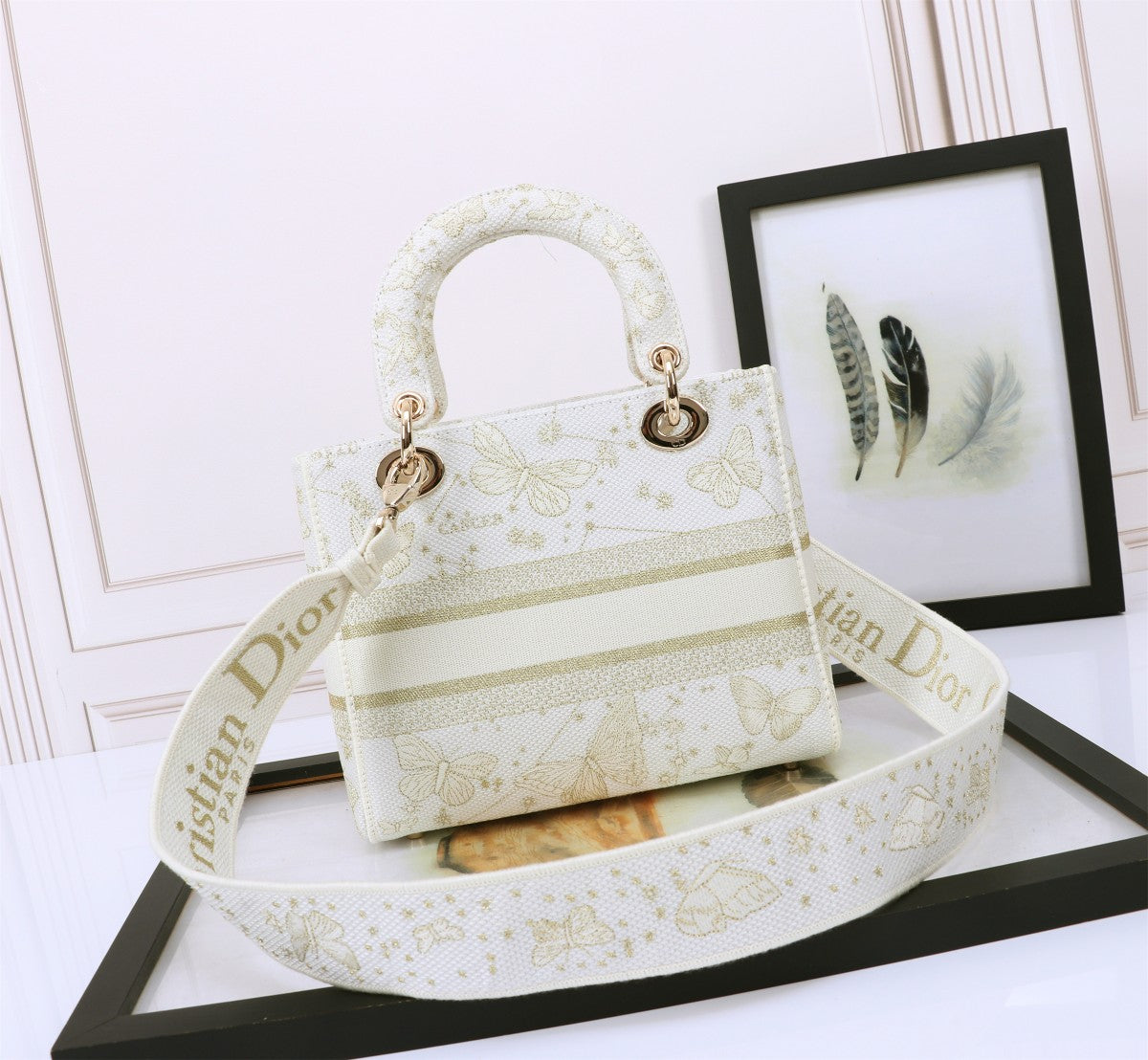 Dior White and Gold Embroidered Canvas Top Handle Handbag with Strap