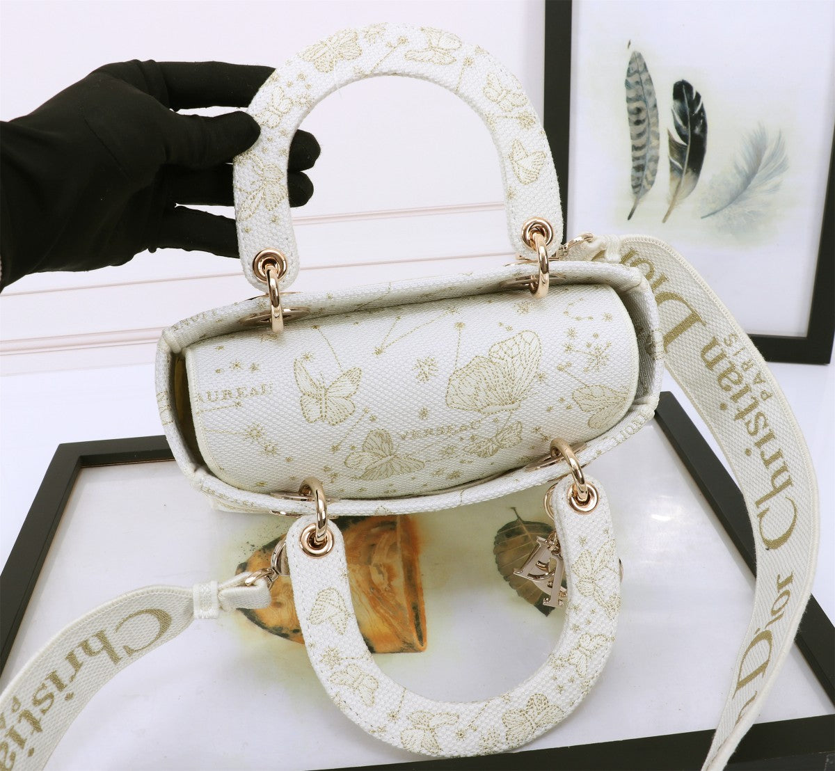 Dior White and Gold Embroidered Canvas Top Handle Handbag with Strap