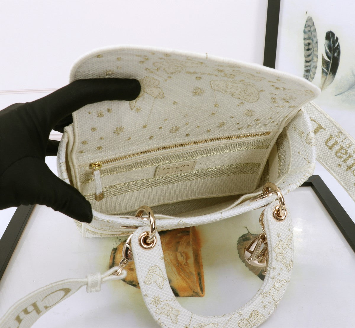 Dior Elegant Off-White Butterfly Embroidered Top Handle Handbag