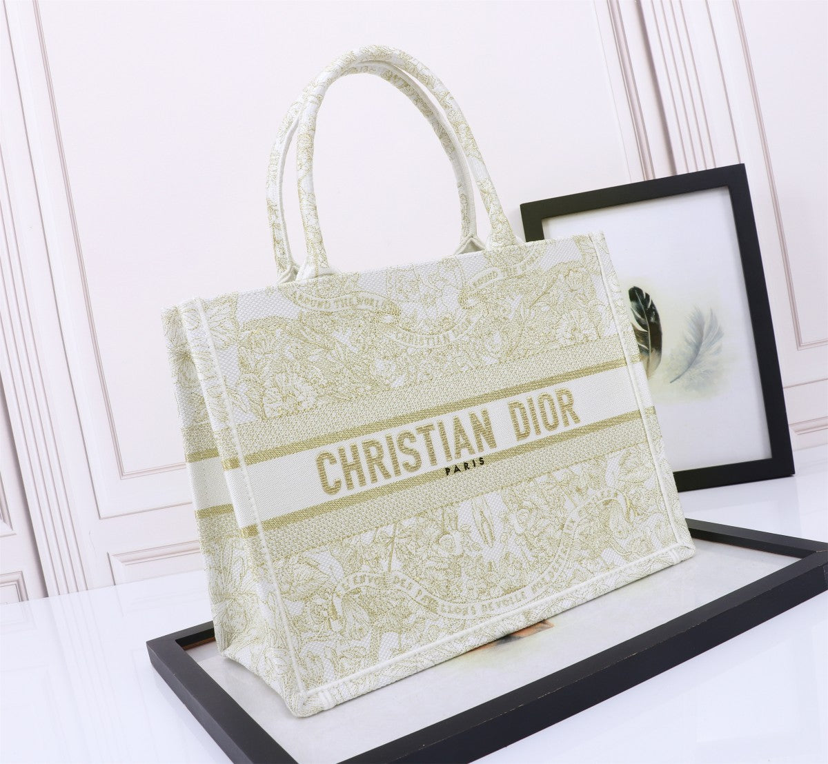 Dior Elegant Floral Embroidered Canvas Tote Bag with Stripe Detail