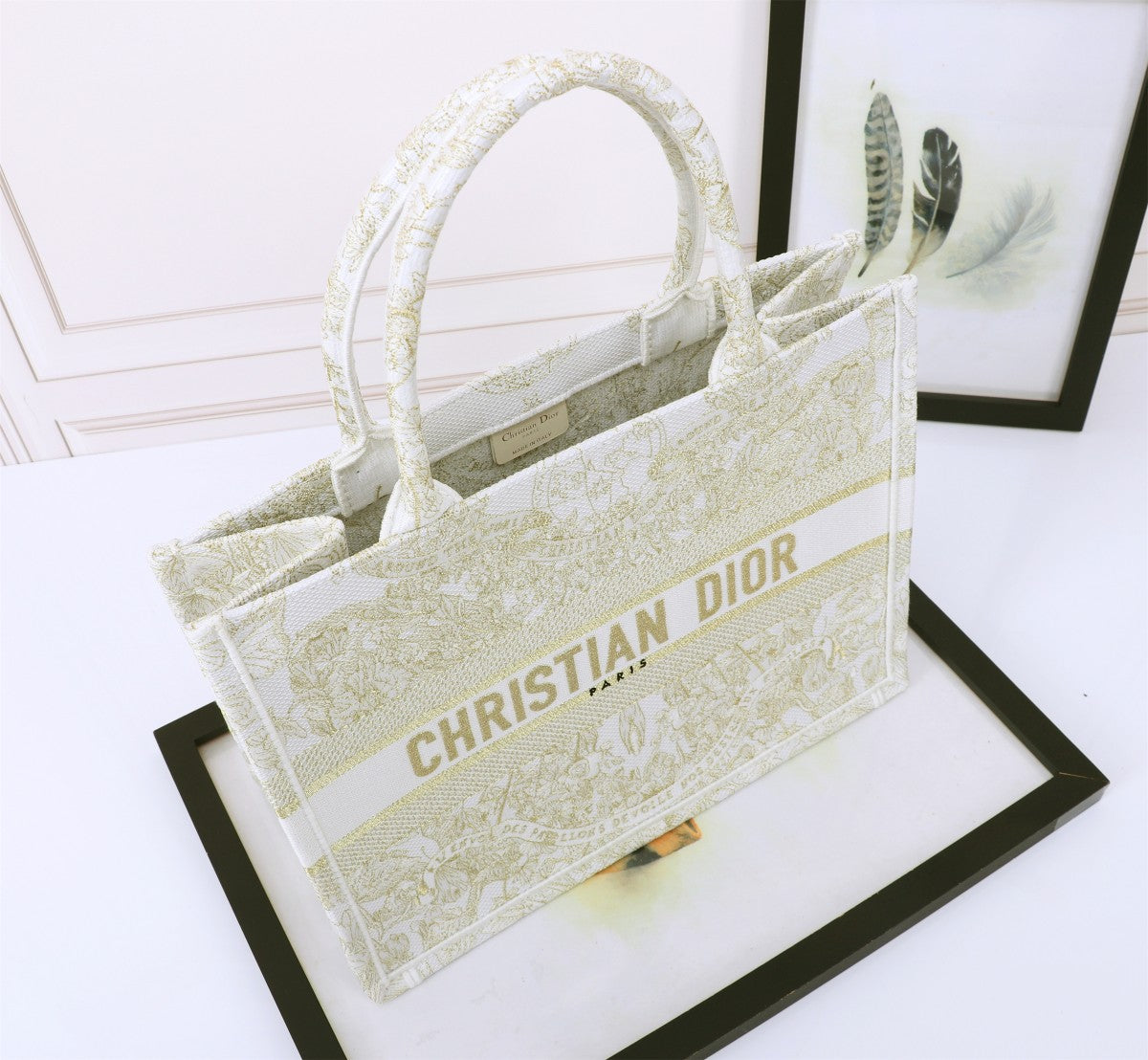 Dior Elegant Floral Embroidered Canvas Tote Bag with Top Handles