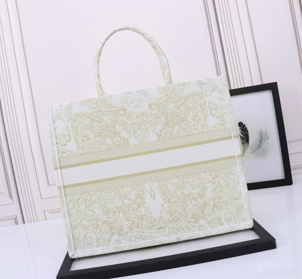 Christian Dior Large Book Tote Bag - Gold Toile de Jouy Embroidered Canvas