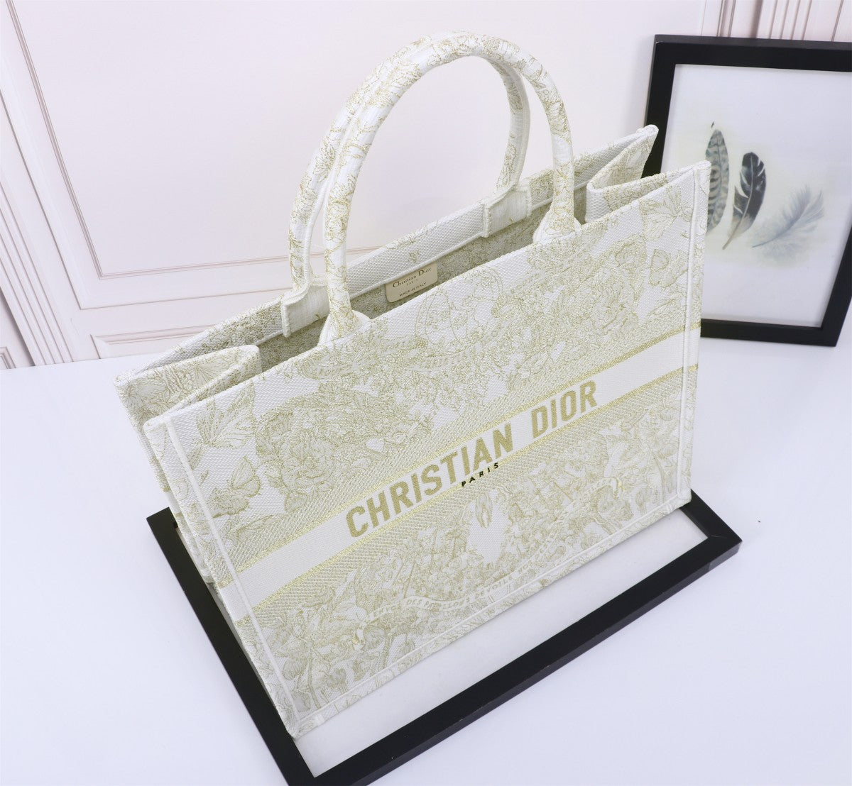 Christian Dior Large Book Tote Bag - Gold Toile de Jouy Embroidered Canvas