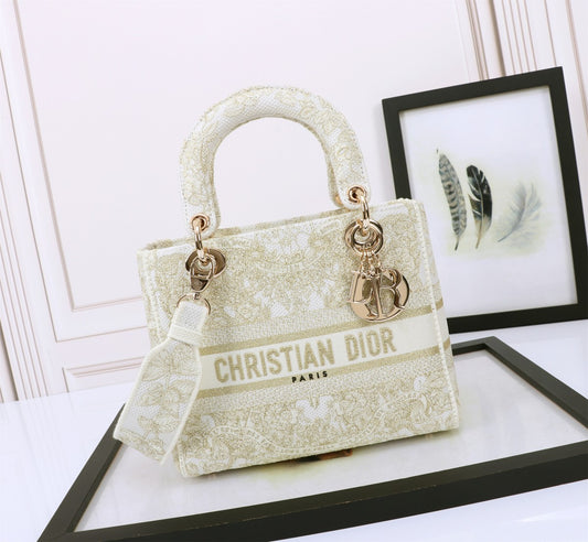 Christian Dior Lady D-Lite Medium Bag - Beige and White Toile de Jouy Embroidery