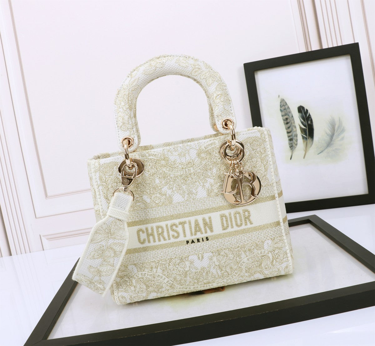Dior Elegant Beige Embroidered Canvas Top Handle Handbag with Gold Charms