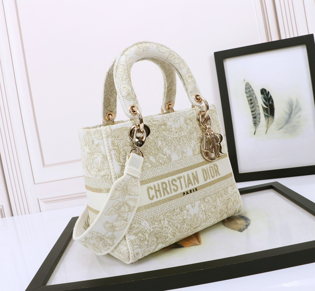 Dior Elegant Beige Embroidered Canvas Top Handle Handbag with Gold Charms