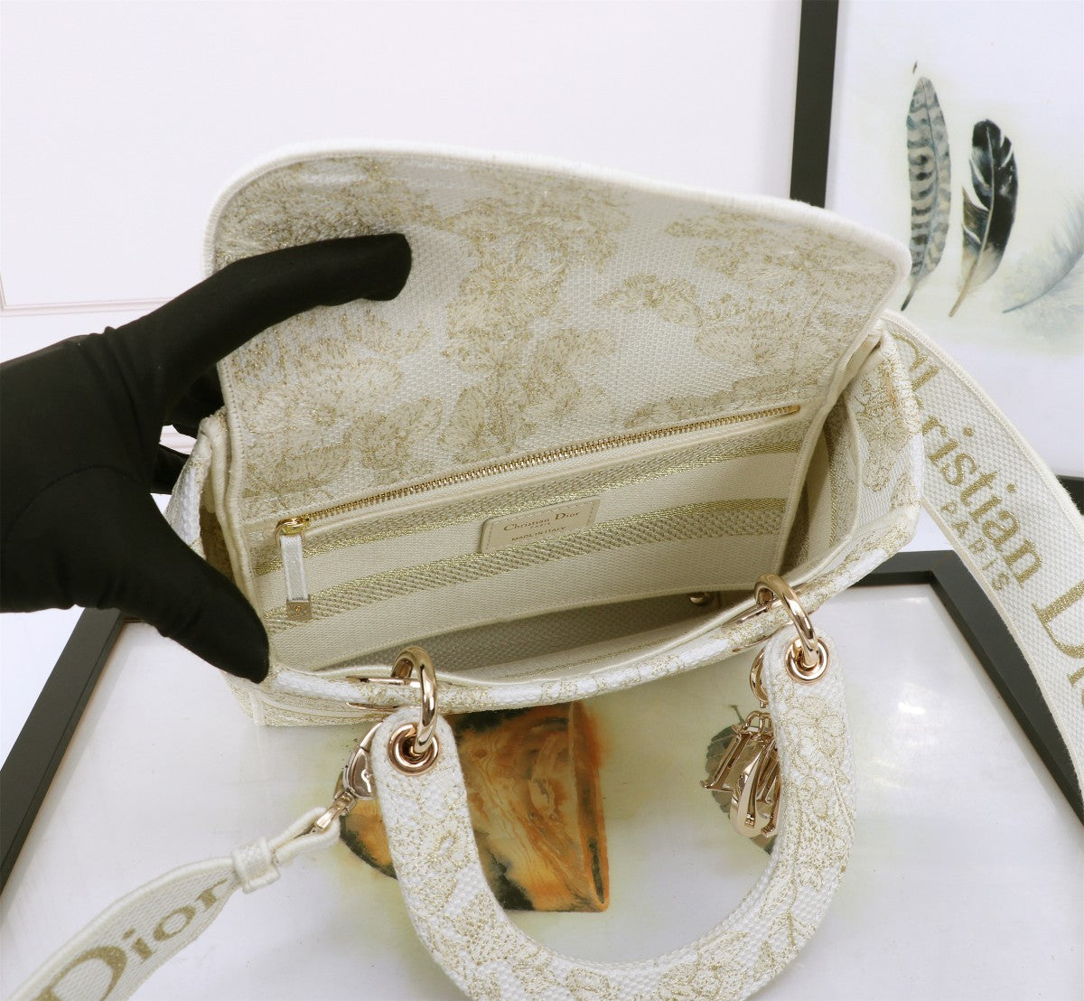 Christian Dior Lady D-Lite Medium Bag - Beige and White Toile de Jouy Embroidery
