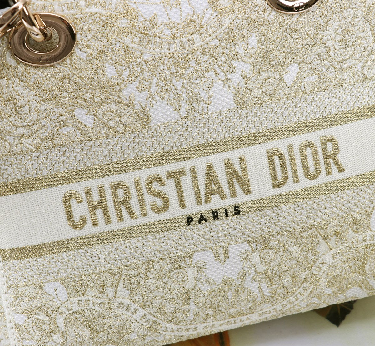 Dior Elegant Cream Embroidered Floral Canvas Tote Handbag