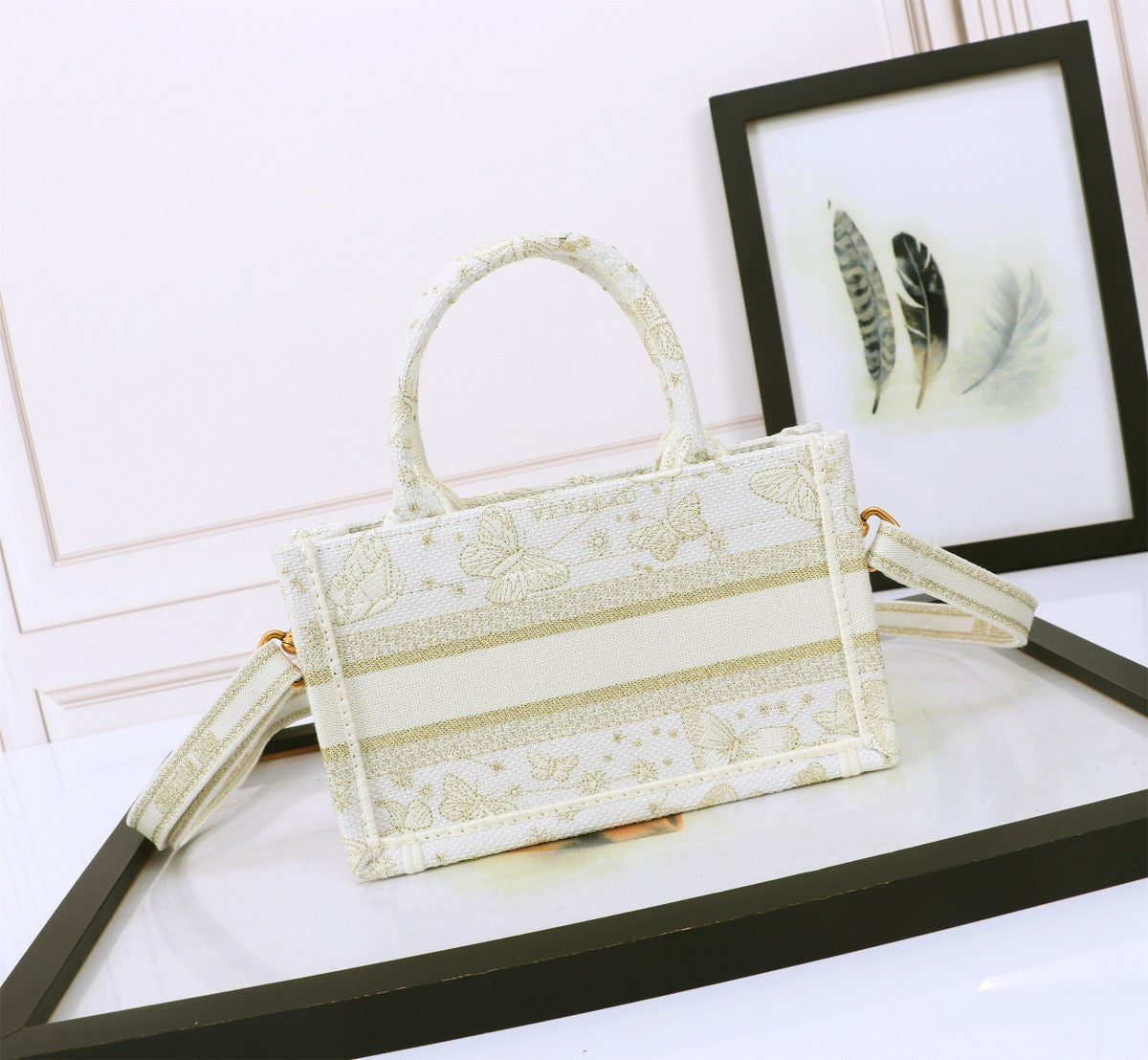 Christian Dior Mini Book Tote with Strap - White and Gold Plan de Paris Embroidery