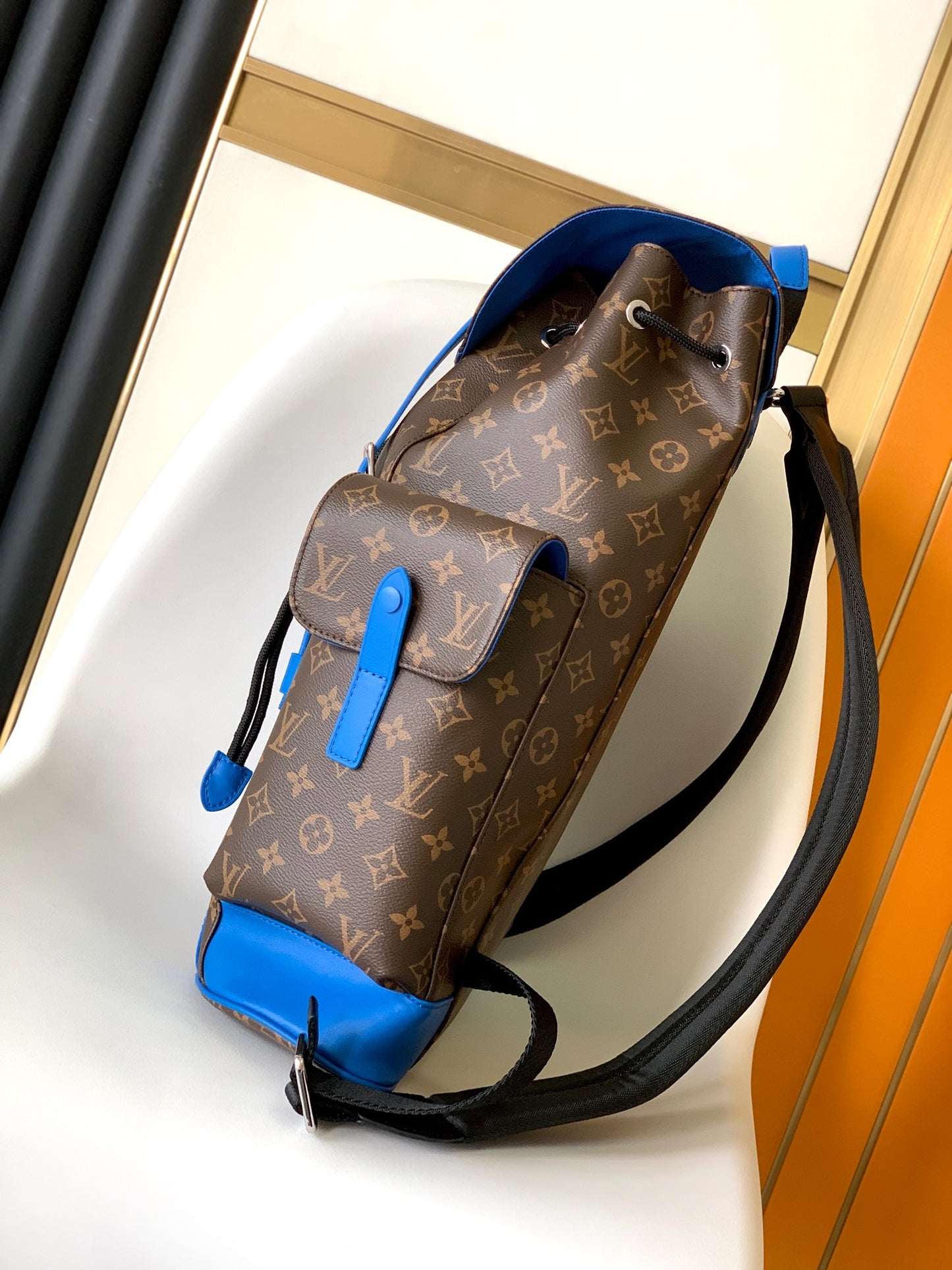 Louis Vuitton Luxury Monogram Canvas Backpack with Bright Blue Leather Straps