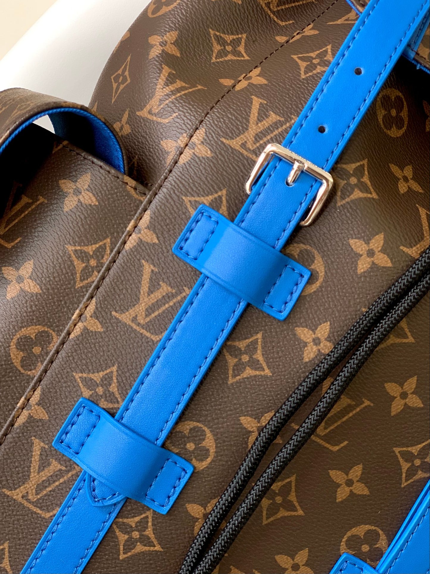 Louis Vuitton Luxury Monogram Canvas Backpack with Bright Blue Leather Straps