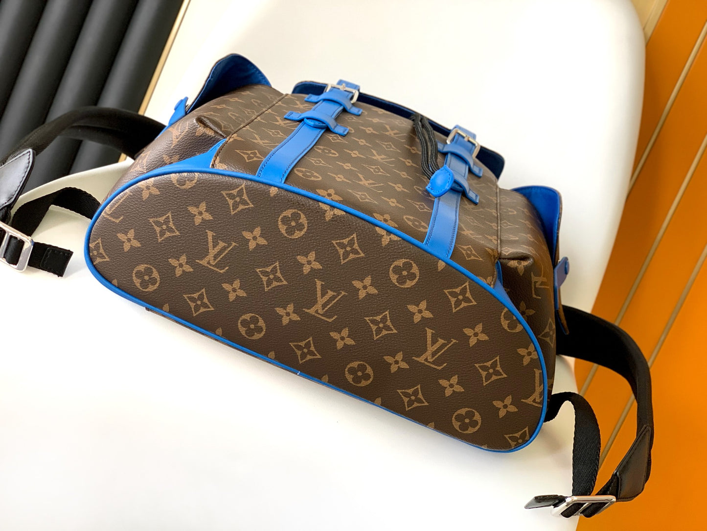 Louis Vuitton Luxury Monogram Canvas Backpack with Bright Blue Leather Straps