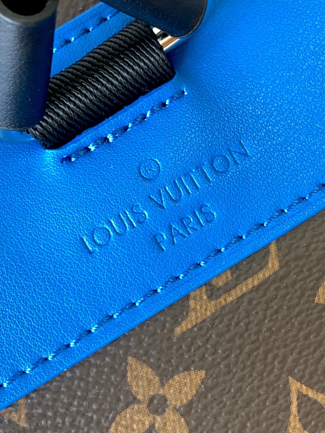 Louis Vuitton Luxury Monogram Canvas Backpack with Bright Blue Leather Straps