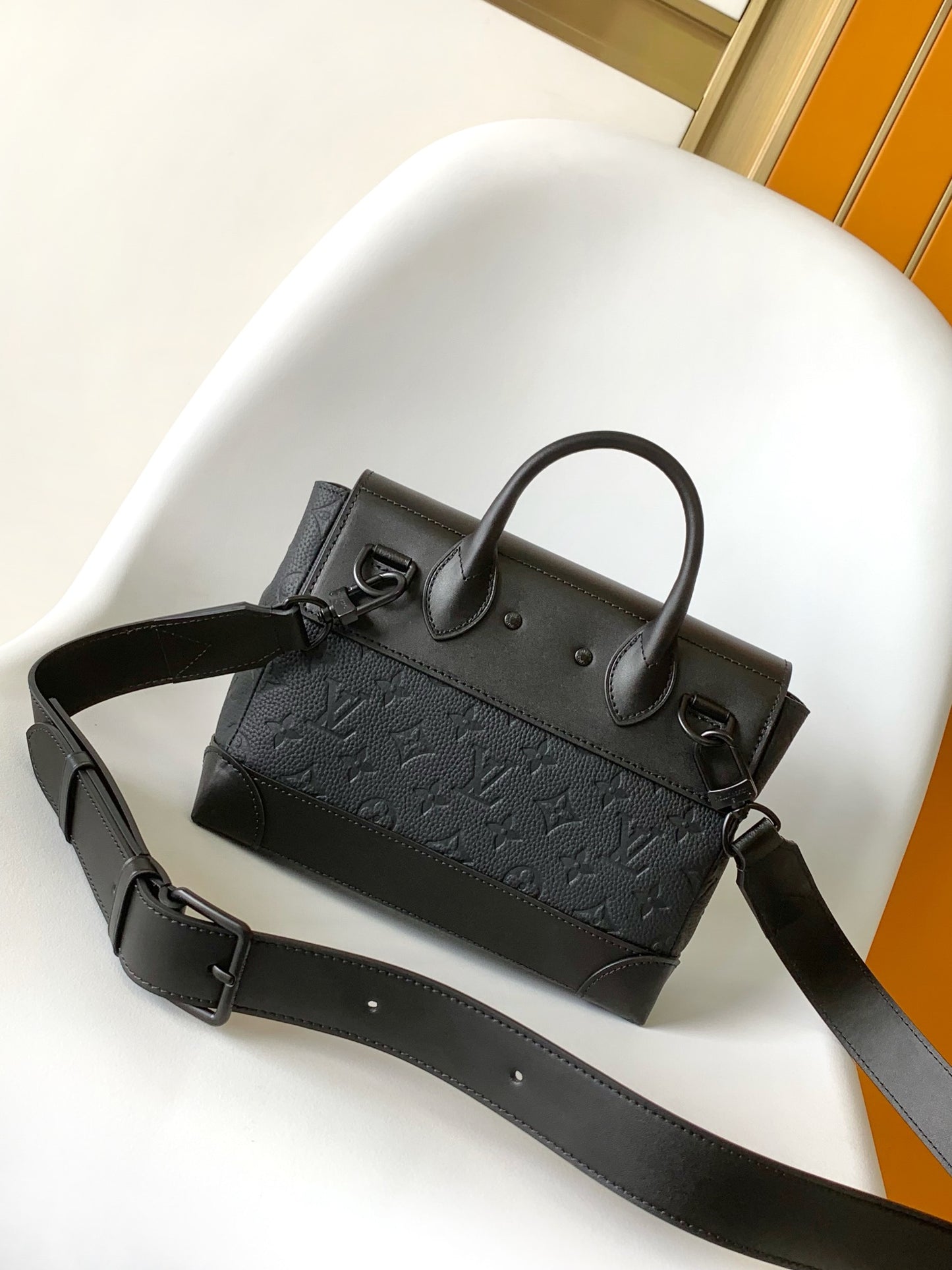 Louis Vuitton Structured Black Embossed Leather Top Handle Crossbody Bag