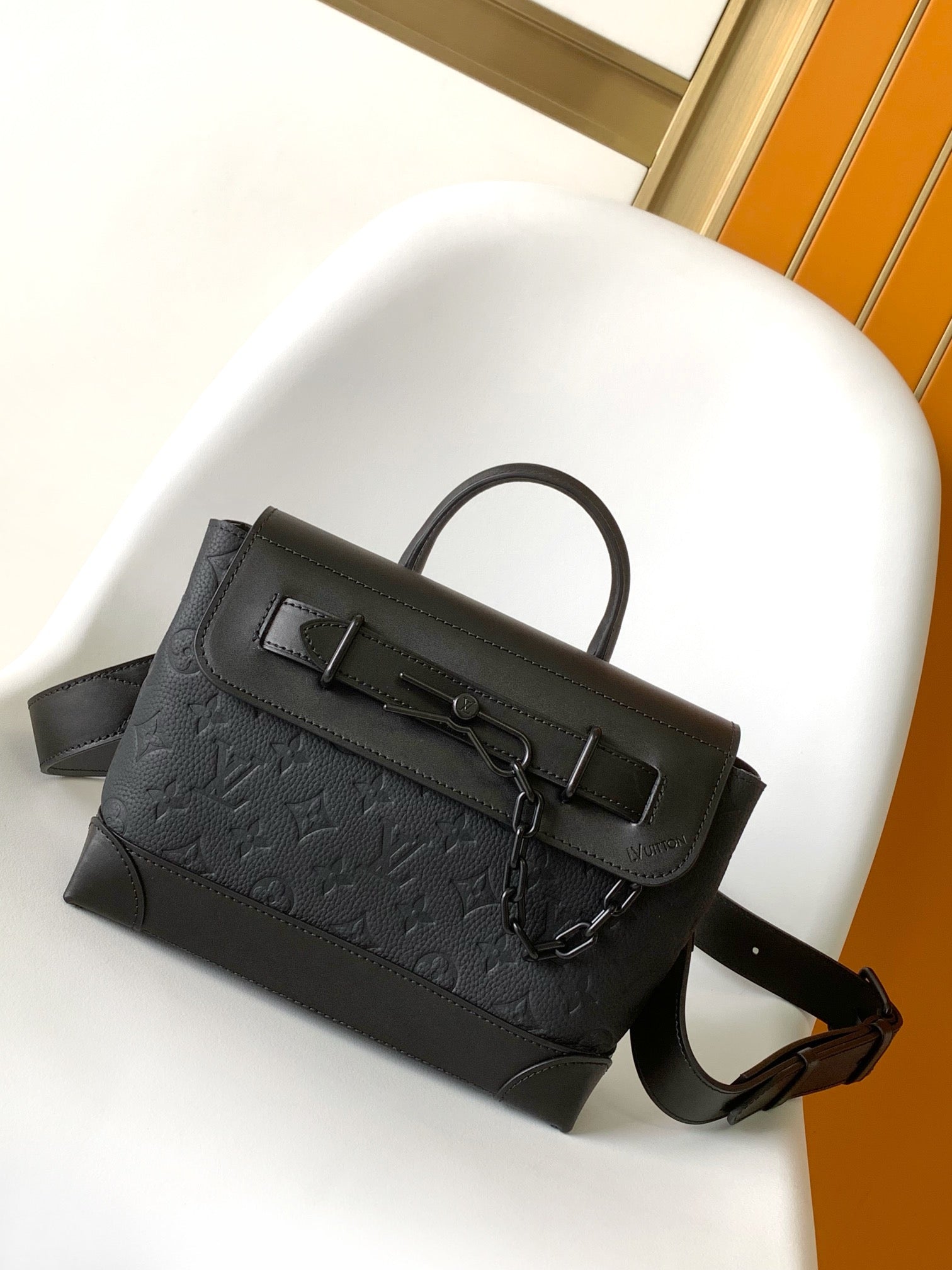 Louis Vuitton Structured Black Embossed Leather Top Handle Crossbody Bag