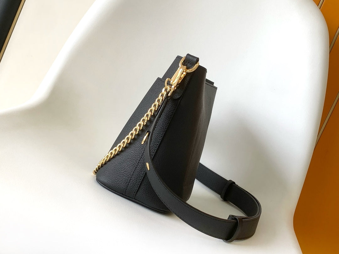Louis Vuitton Black Leather Crossbody Bucket Bag with Gold Chain Strap