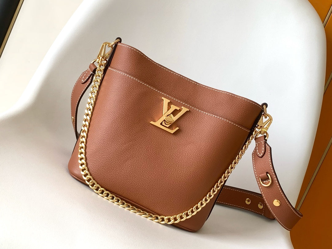 Louis Vuitton Classic Brown Leather Bucket Bag with Gold Chain Shoulder Strap