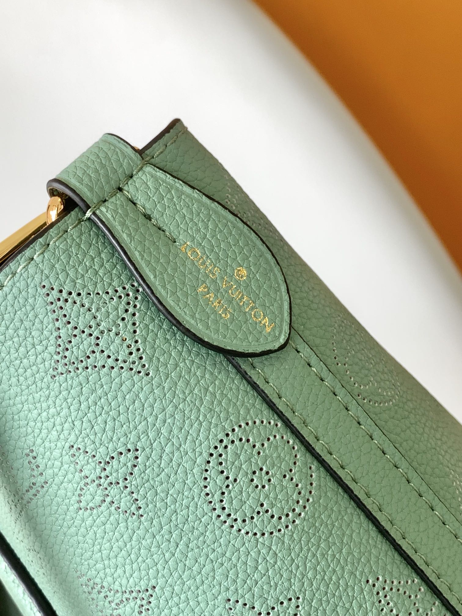 Louis Vuitton Mint Green Embossed Leather Handbag with Top Handles