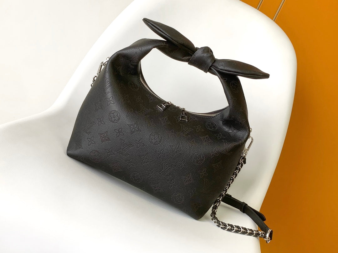 Louis Vuitton Black Embossed Hobo Handbag with Top Knot Handle and Chain Strap