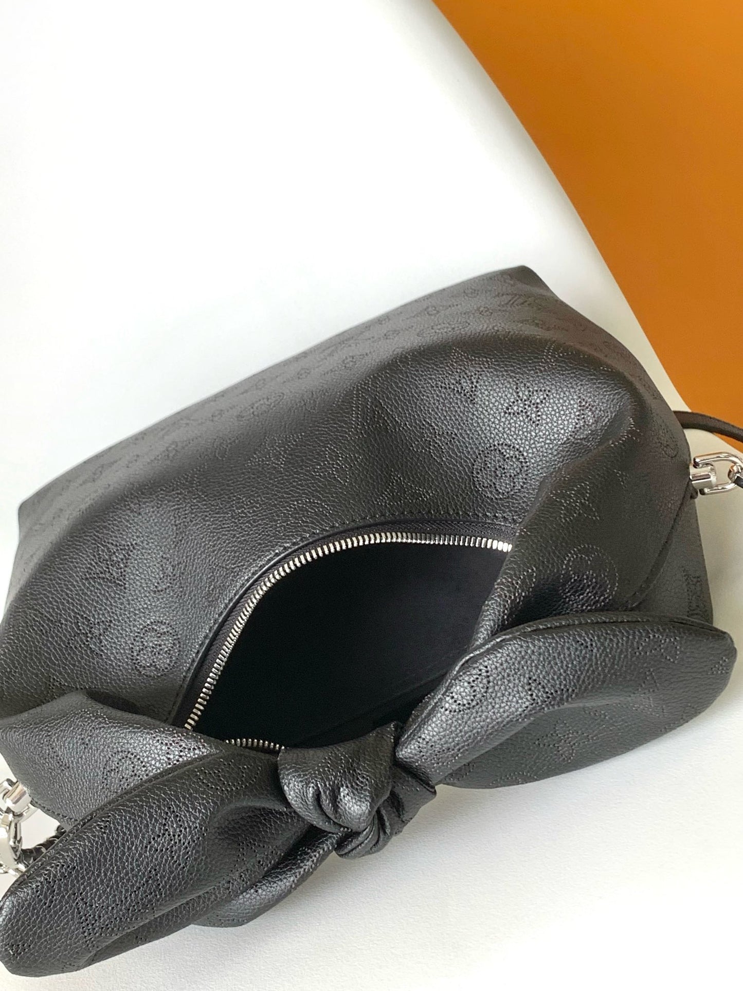 Louis Vuitton Black Embossed Hobo Handbag with Top Knot Handle and Chain Strap