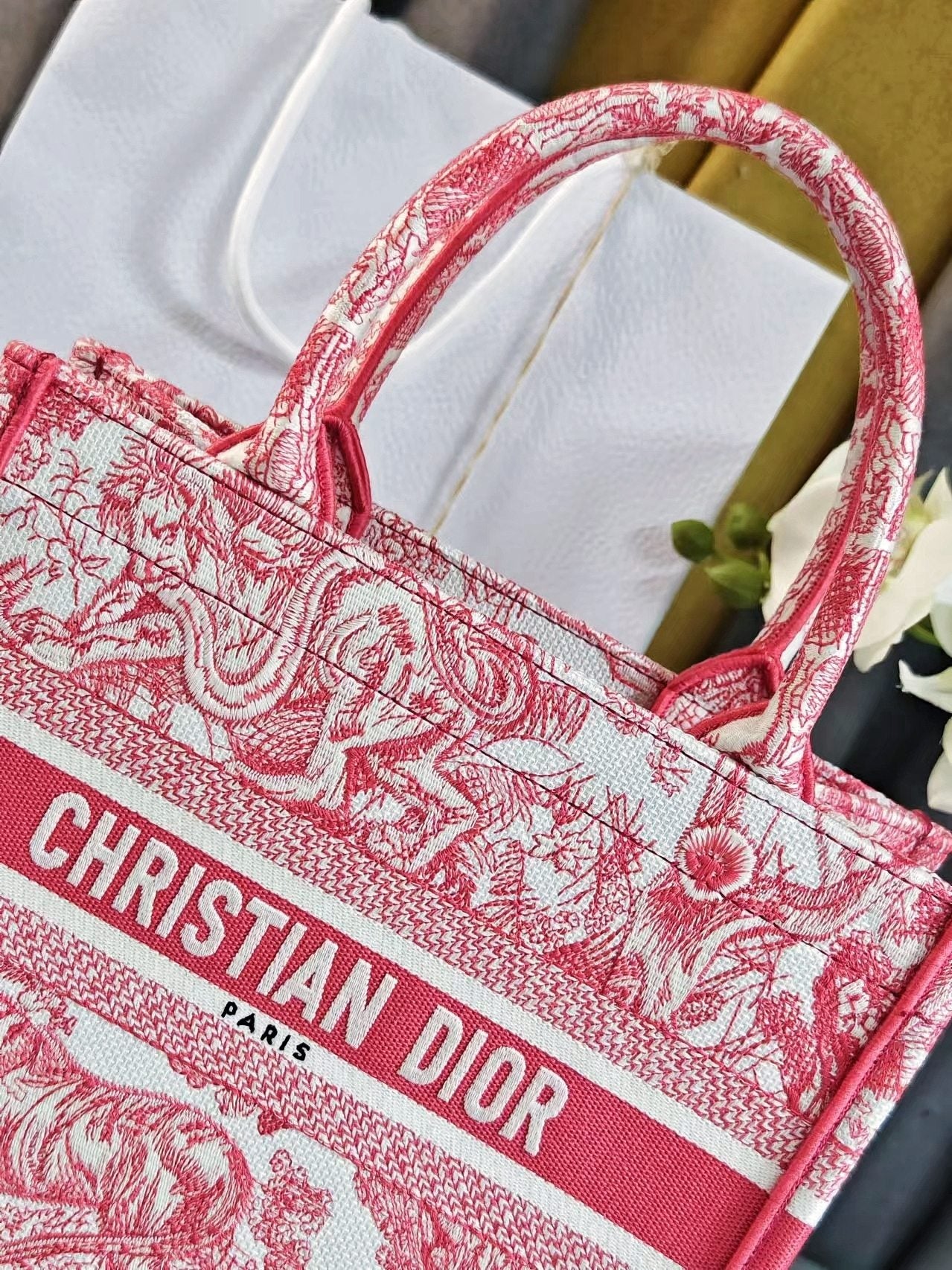 Dior Vintage Pink Toile de Jouy Canvas Tote Bag Top Handle Handbag