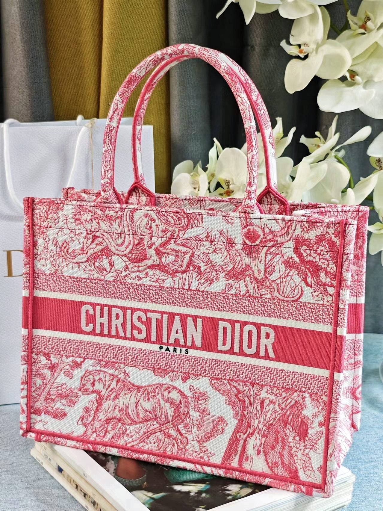 Dior Elegant Pink and White Toile de Jouy Embroidered Canvas Tote Bag