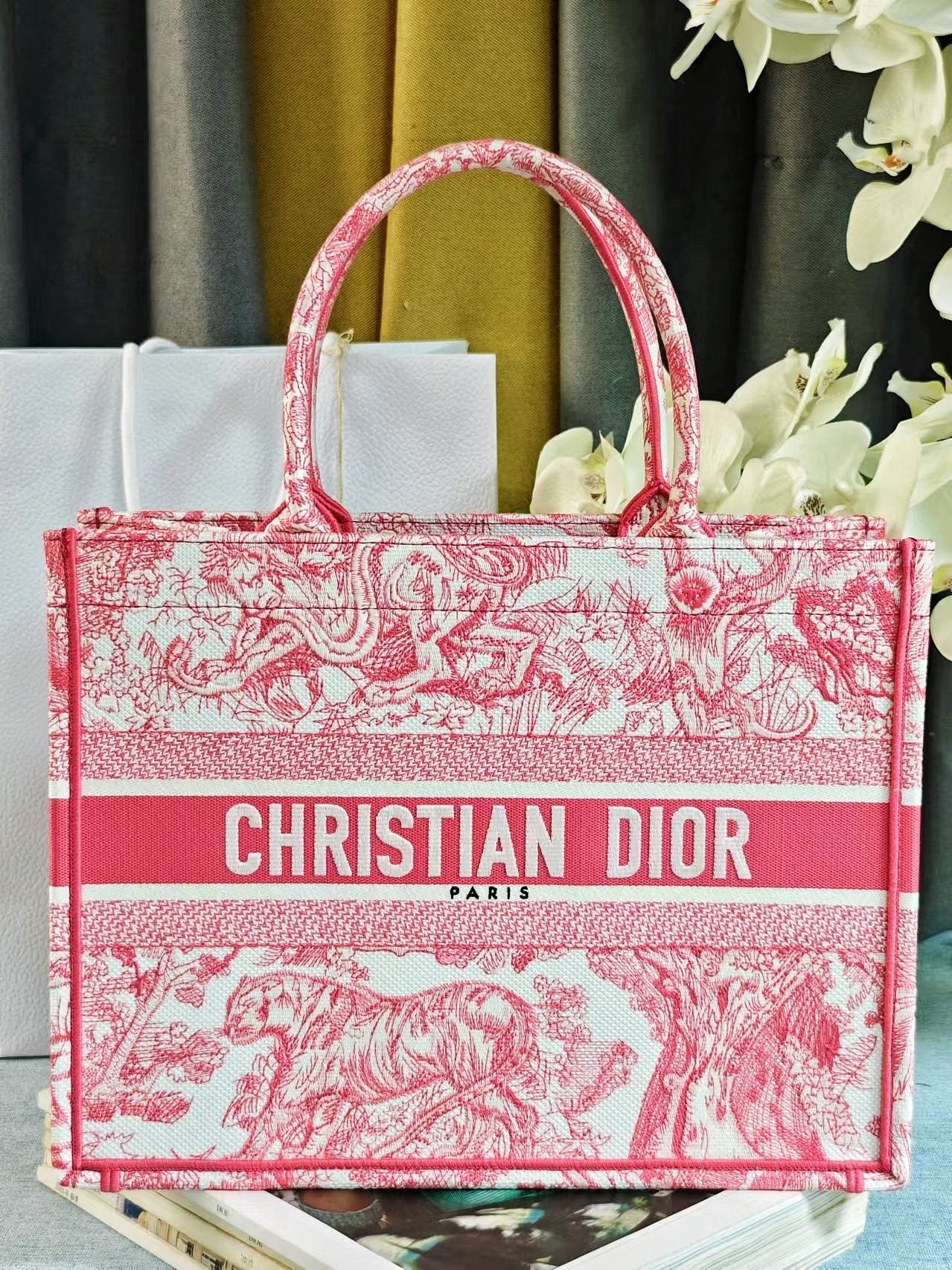 Christian Dior Medium Book Tote Bag Toile de Jouy Embroidery Pink and White
