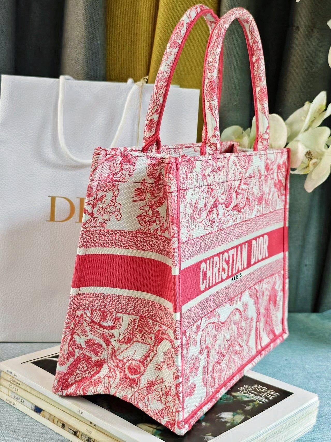 Christian Dior Medium Book Tote Bag Toile de Jouy Embroidery Pink and White