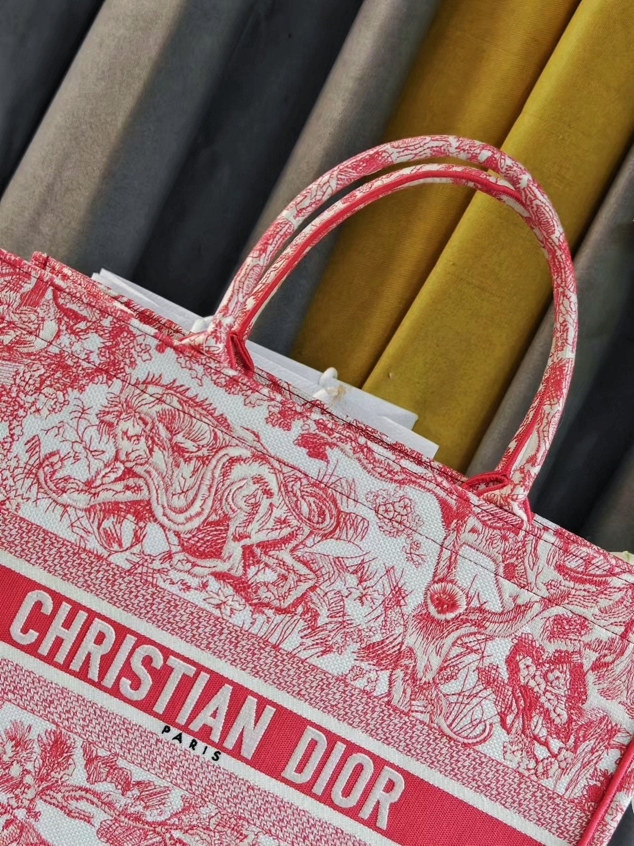 Dior Pink and White Floral Toile Pattern Canvas Top Handle Tote Bag