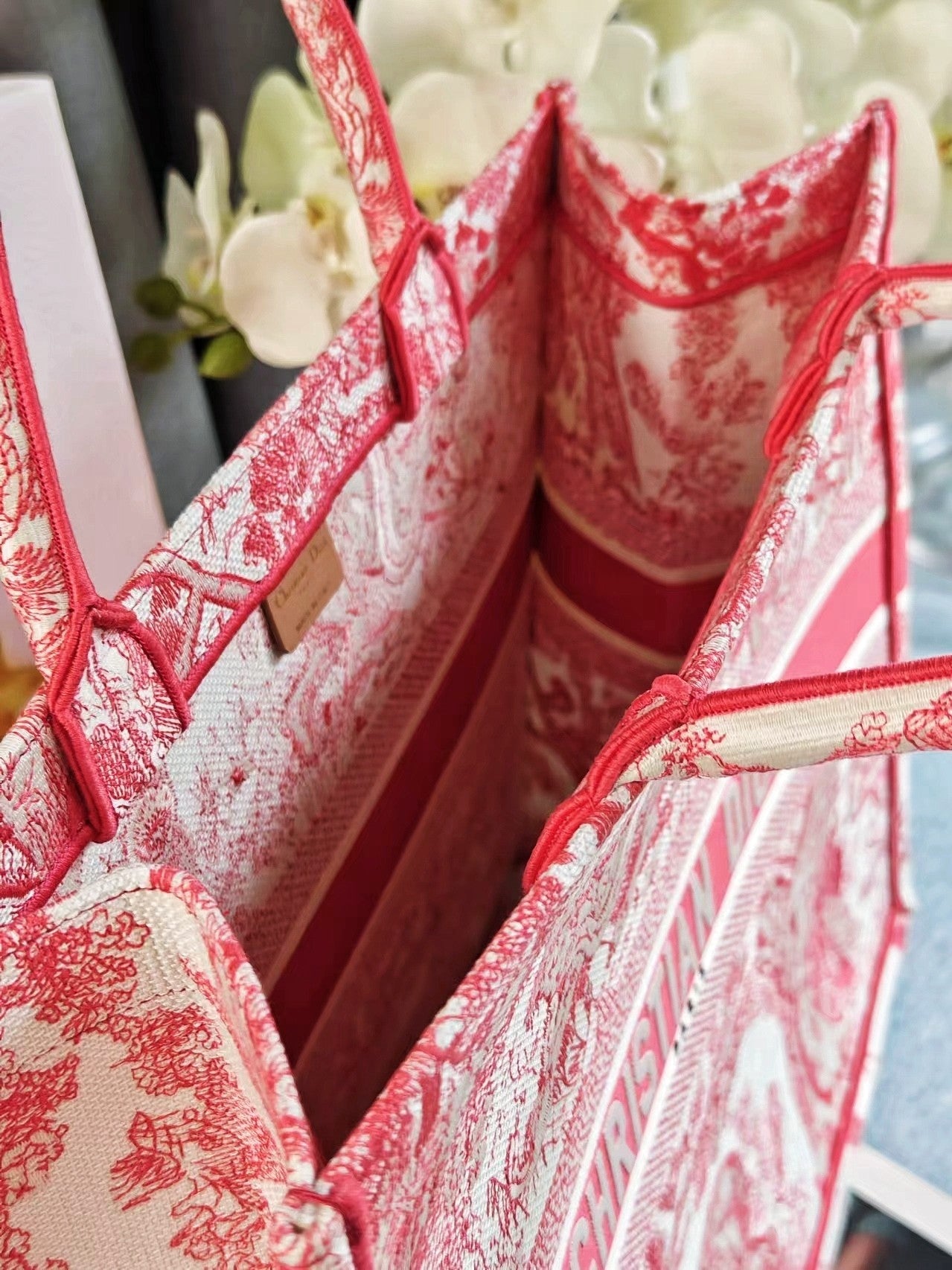Dior Pink and White Floral Toile Pattern Canvas Top Handle Tote Bag