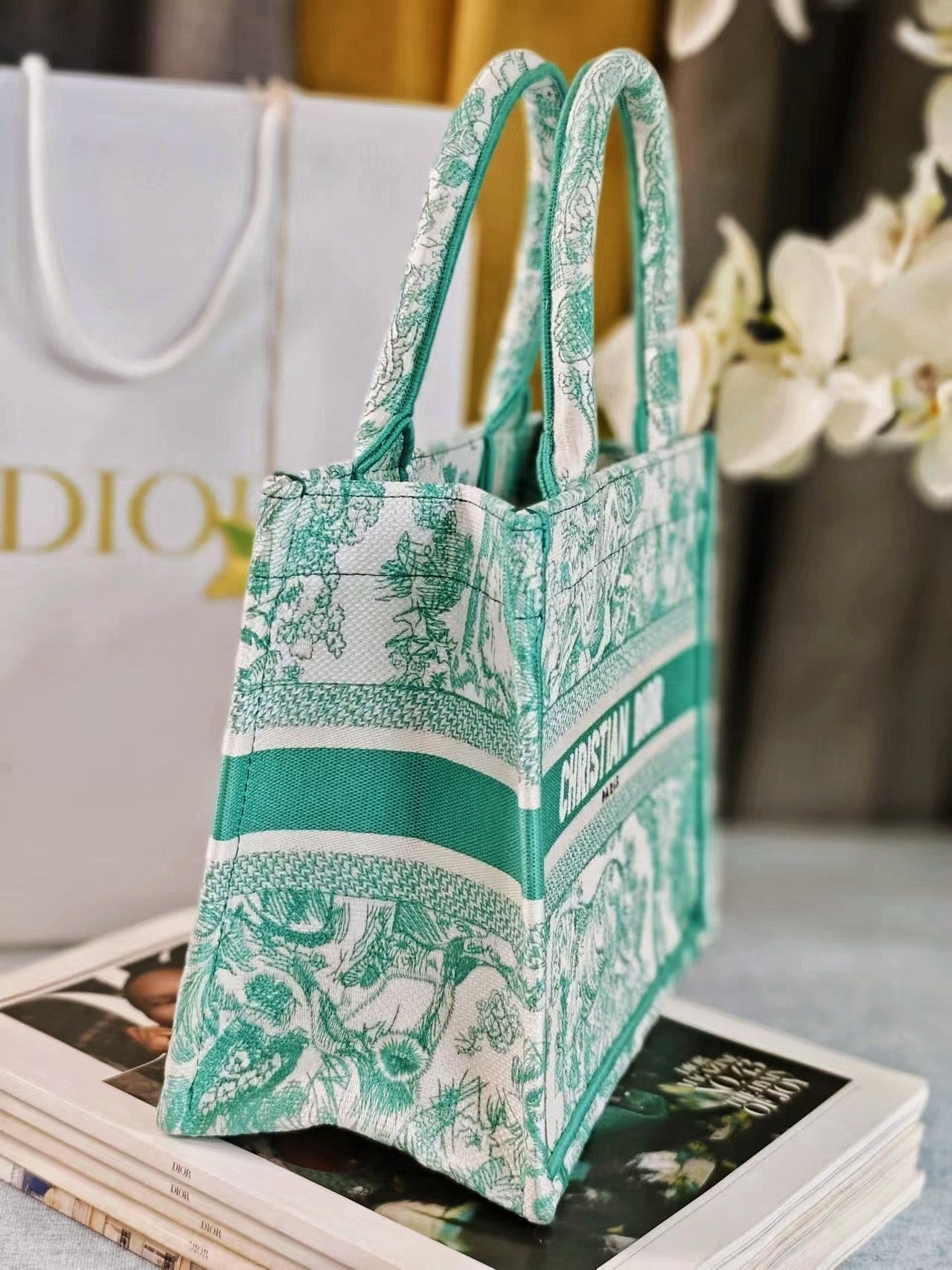 Dior Green Jungle Animal Print Embroidered Canvas Tote Handbag