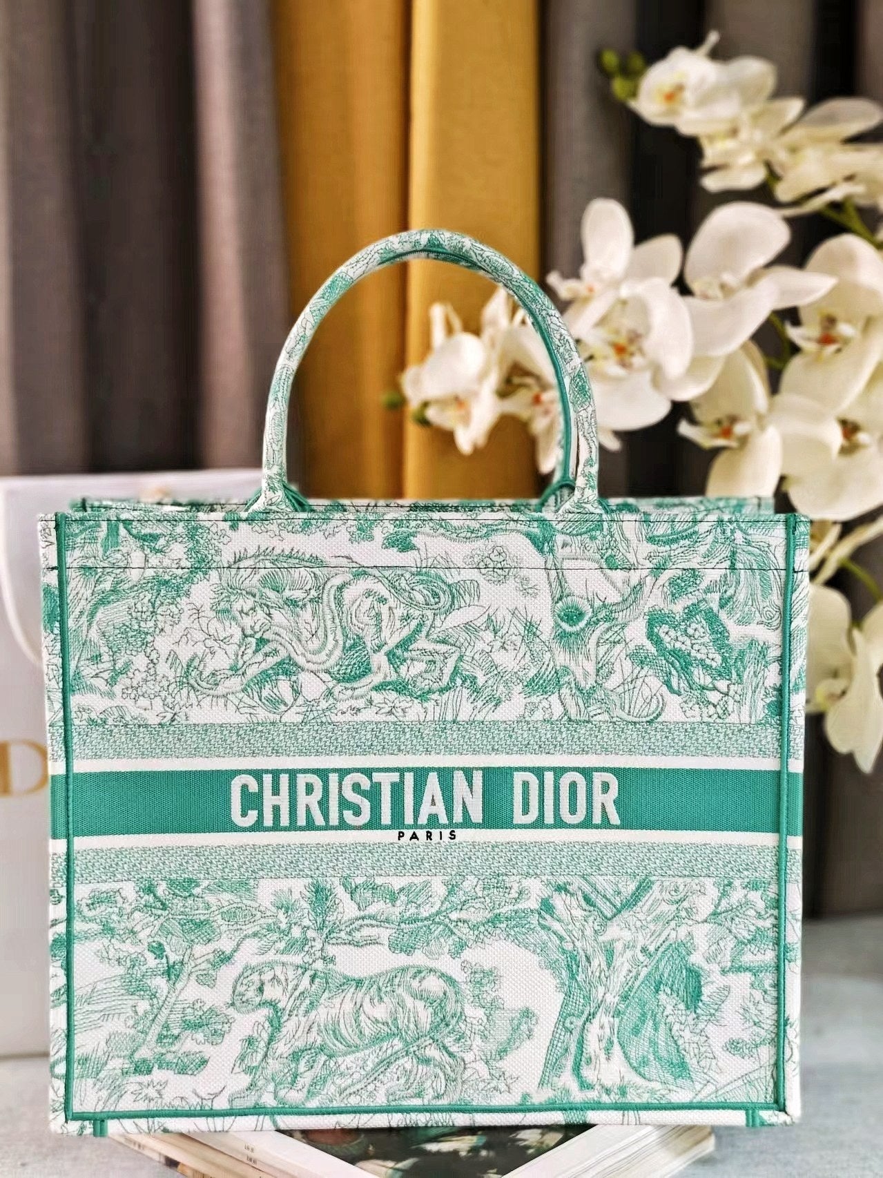Dior Green Floral Toile de Jouy Canvas Tote Bag Top Handle Shopper