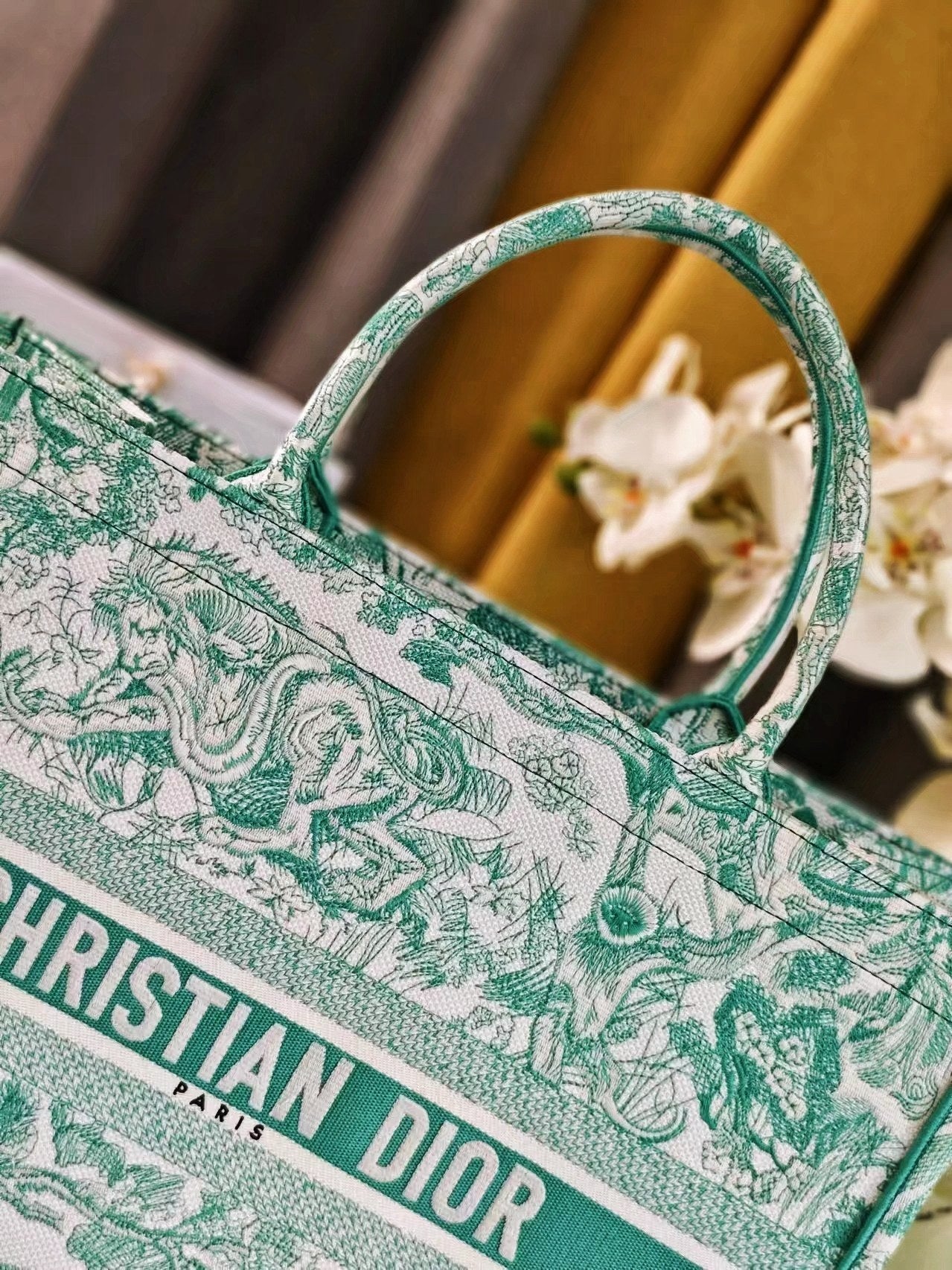 Dior Green Floral Toile de Jouy Canvas Tote Bag Top Handle Shopper