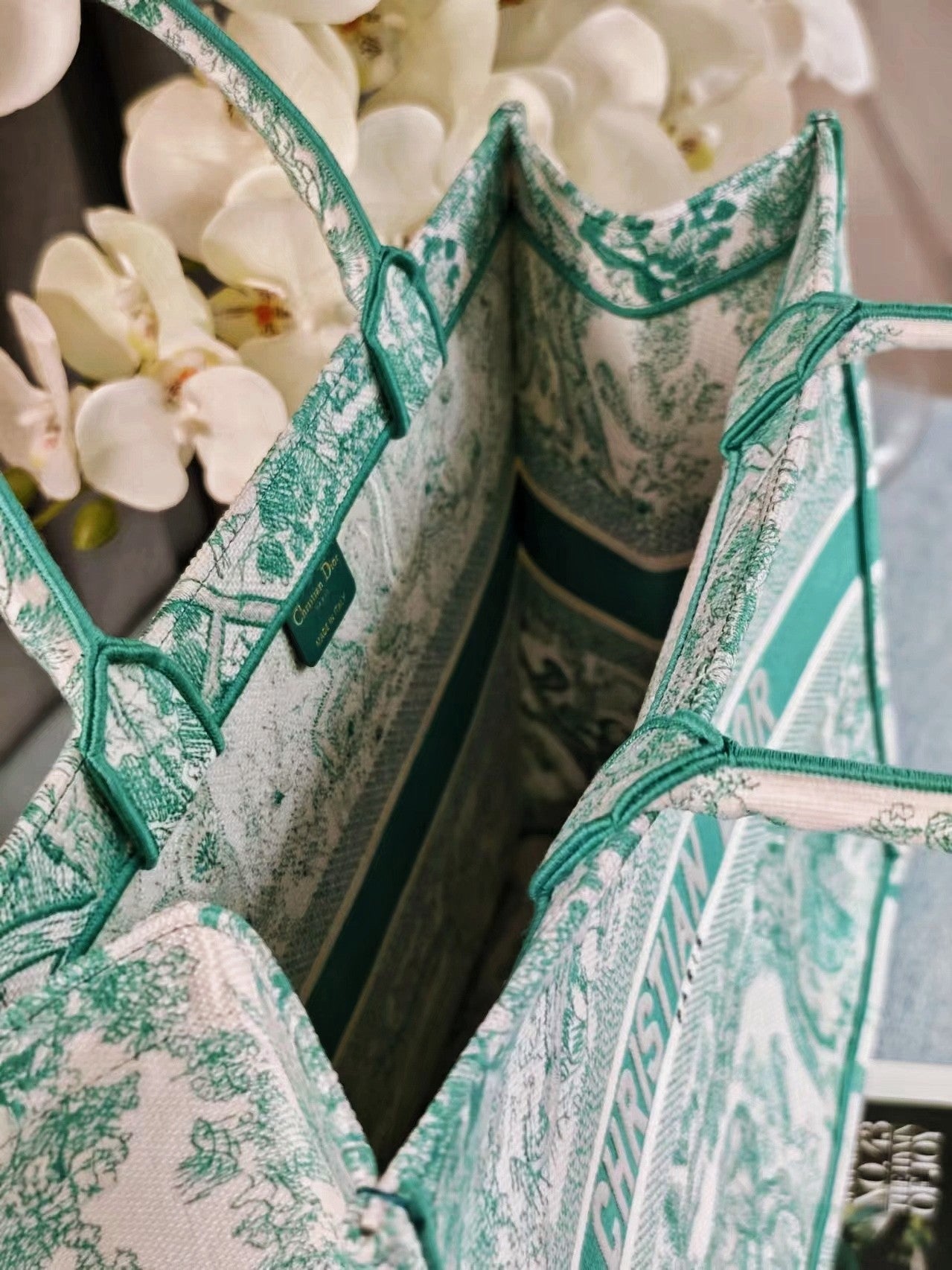Dior Green Floral Toile de Jouy Canvas Tote Bag Top Handle Shopper