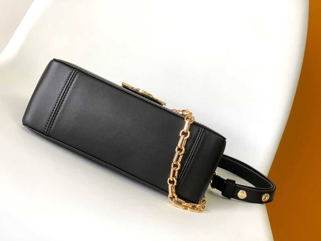 Louis Vuitton Elegant Black Faux Leather Crossbody Bag with Gold Chain Strap