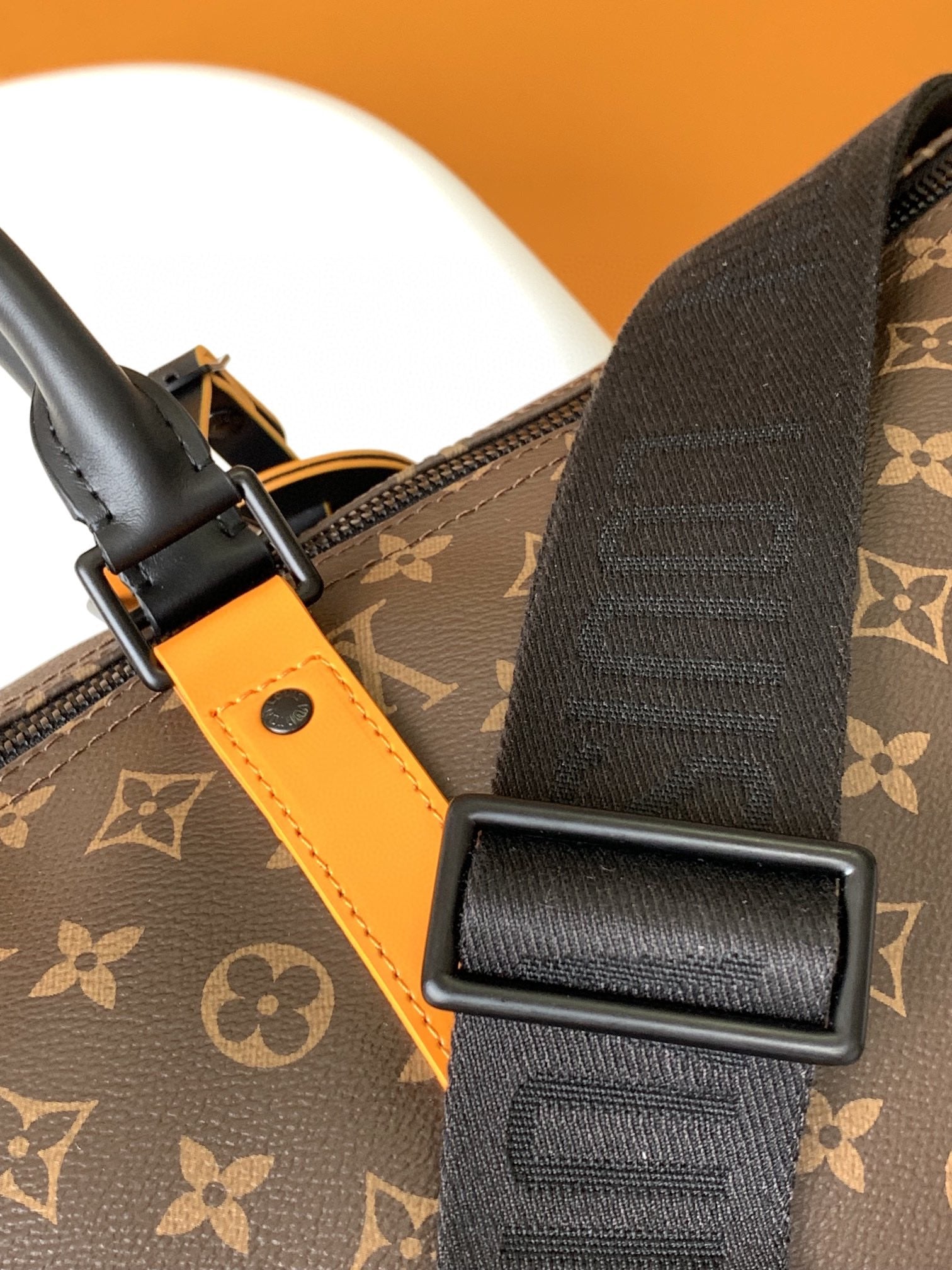 Louis Vuitton Classic Monogram Canvas Travel Duffle Bag with Orange Straps